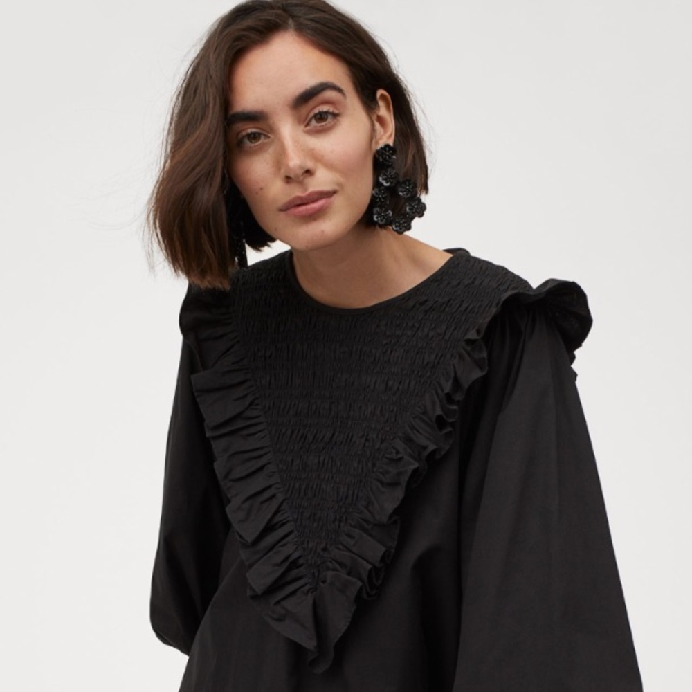 H&M Cotton Puff-sleeved Ruffle-trim Dress in Black - Picture 4 of 16